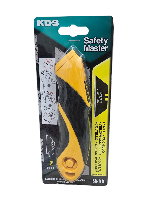 Muratec SA-11B Safety Knife with Power Black Trapezoidal Blade, Non-Slip Rubber Grip & One-Push Blade Change – Yellow