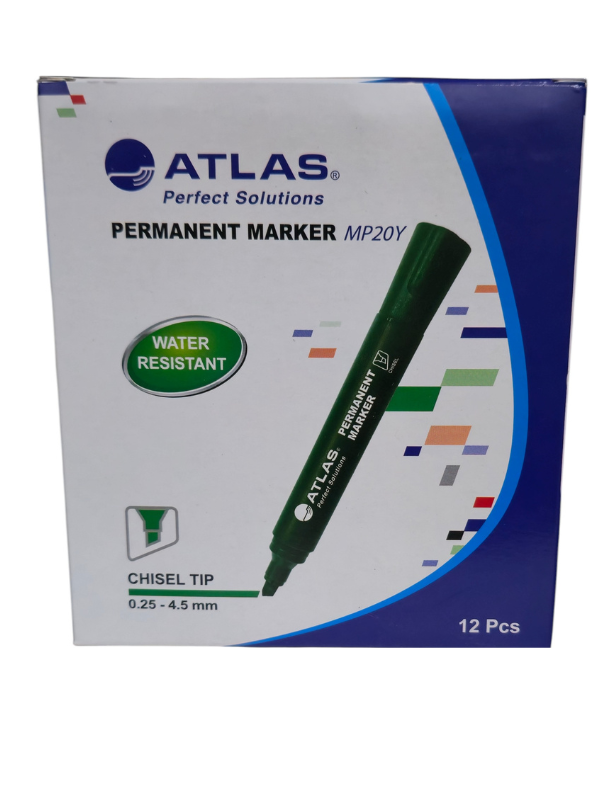 Atlas Permanent Marker, Green Ink, Chisel Tip 0.25–4.5 mm, Quick-Drying & Water-Resistant, Pack of 12 – MP20Y