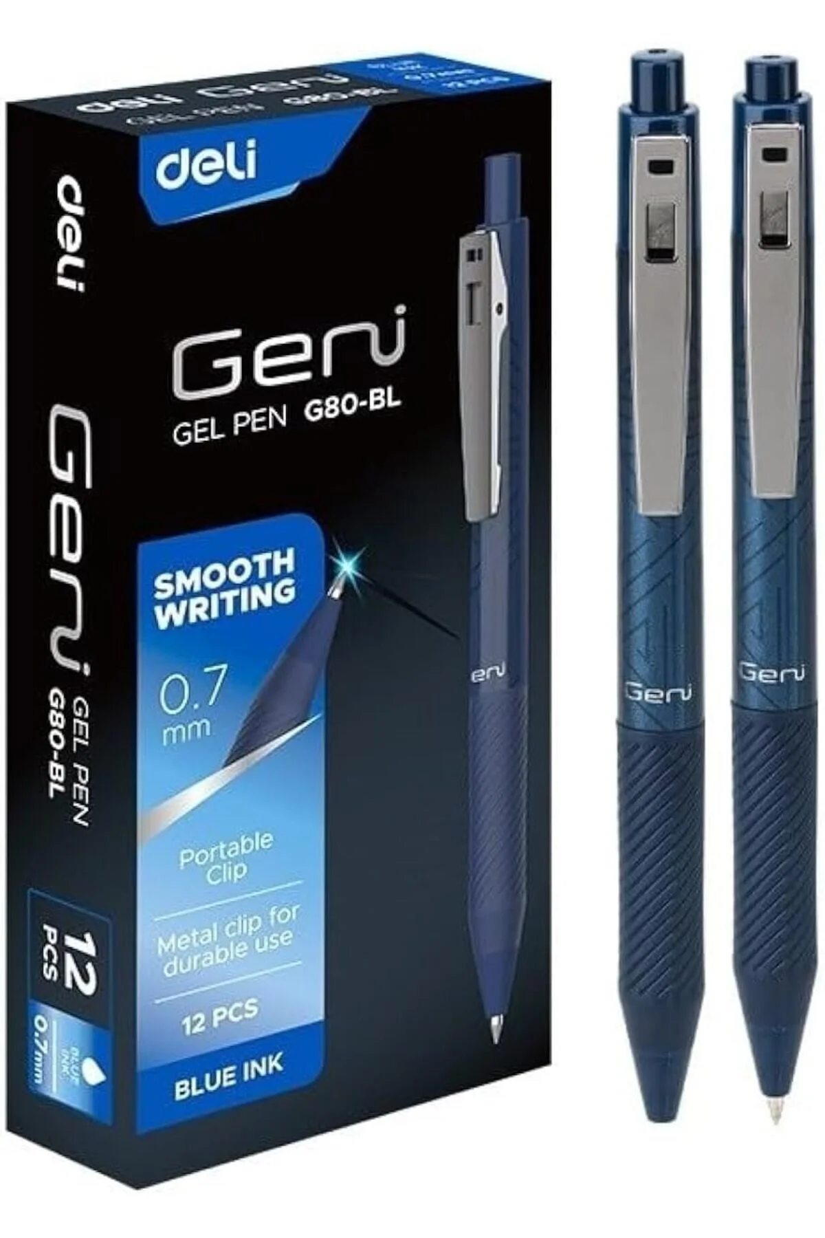 Deli Geni G80-BL Retractable Gel Pens, 0.7mm Bullet Tip, Blue Ink, Comfortable Grip, Pack of 12
