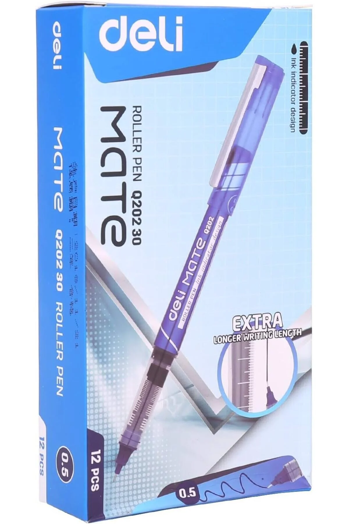 Deli EQ202-30 Roller Pens, Blue Ink, Low-Odor Ink, Smooth Writing, Fast-Drying, Pack of 12