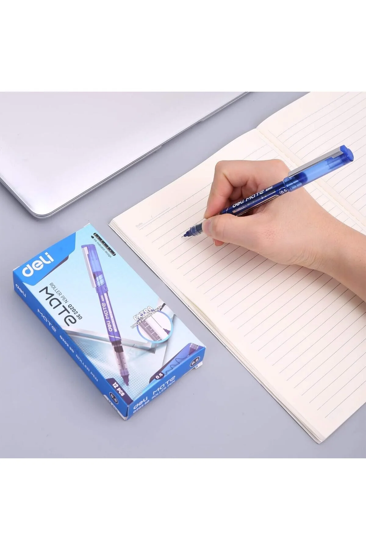Deli EQ202-30 Roller Pens, Blue Ink, Low-Odor Ink, Smooth Writing, Fast-Drying, Pack of 12 - Image 4