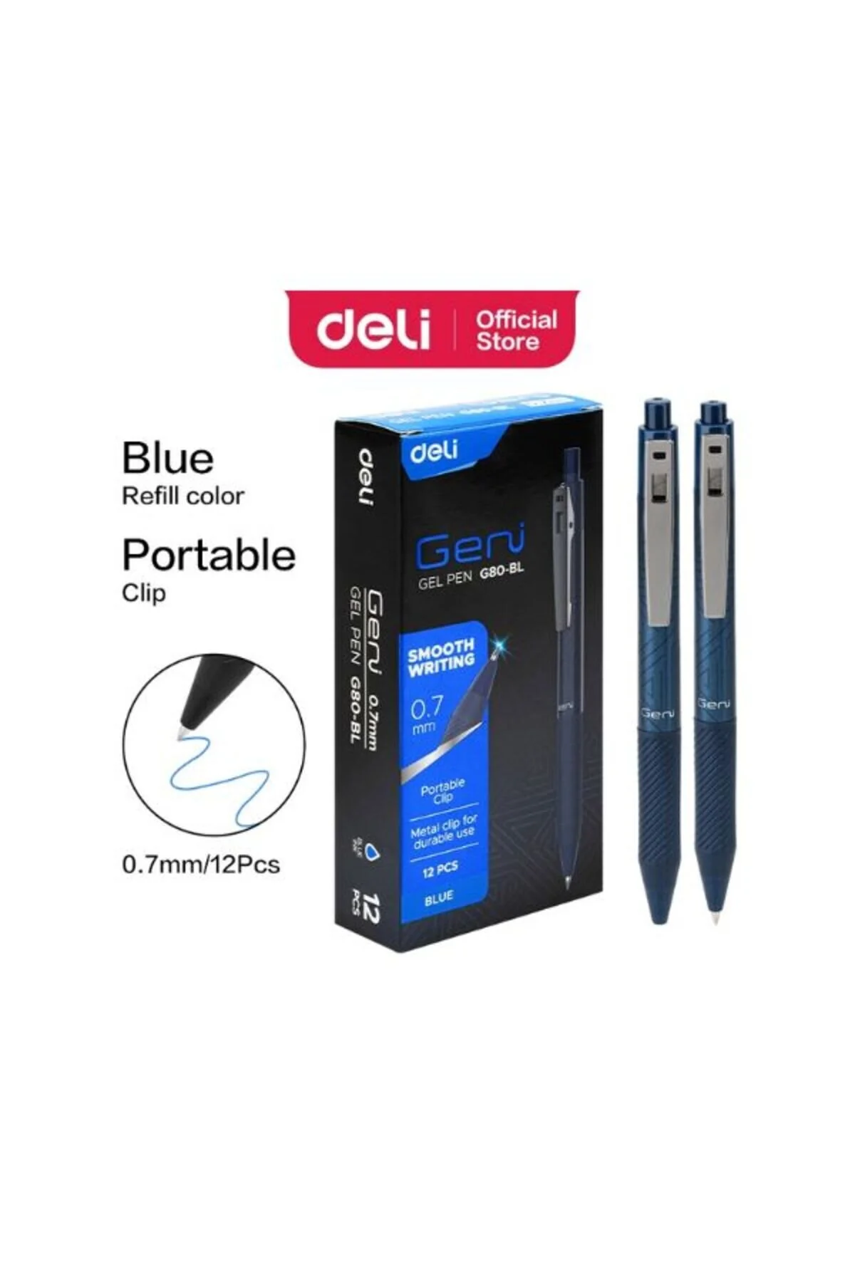 Deli Geni G80-BL Retractable Gel Pens, 0.7mm Bullet Tip, Blue Ink, Comfortable Grip, Pack of 12 - Image 5