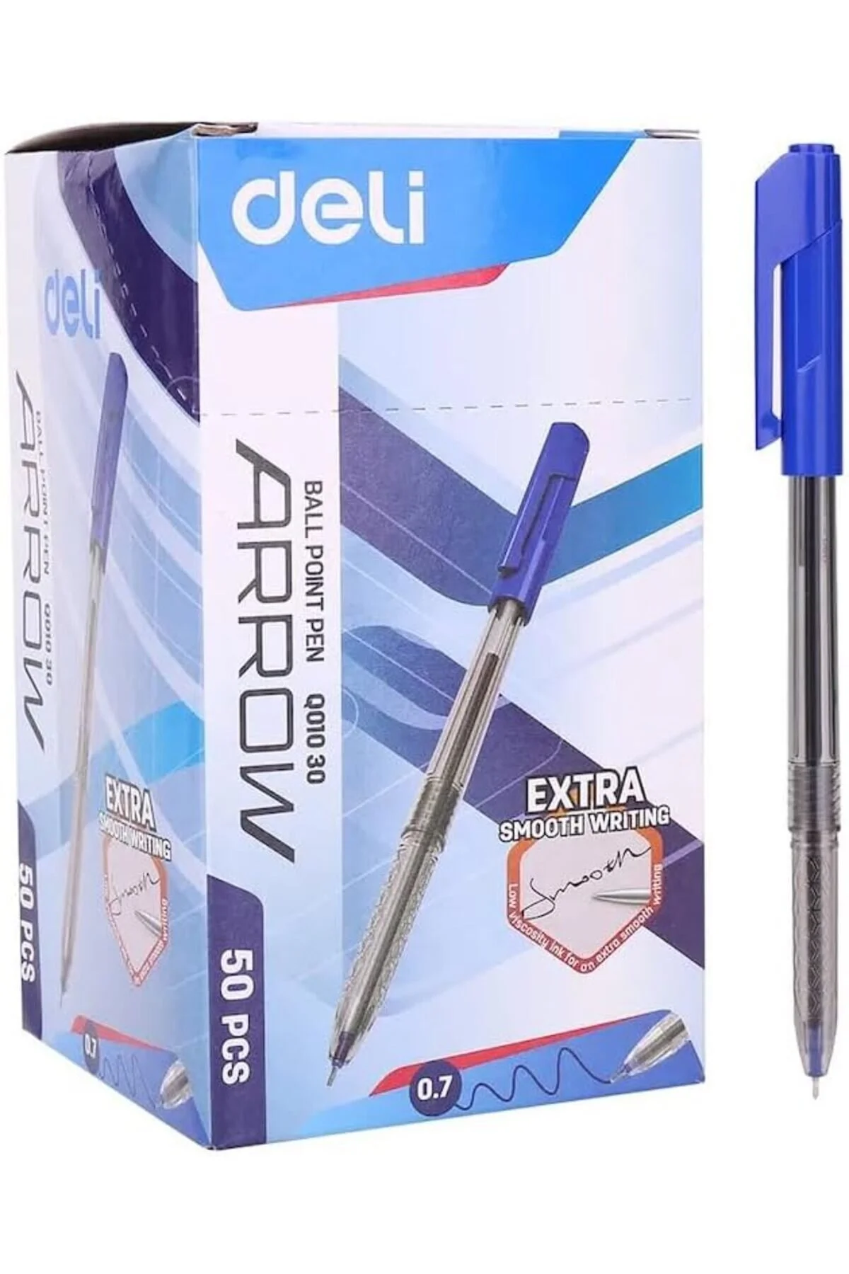 Deli Q010-30 Smooth Ballpoint Pens, 0.7mm Tip, Blue Ink, Low-Viscosity Ink, Pack of 50