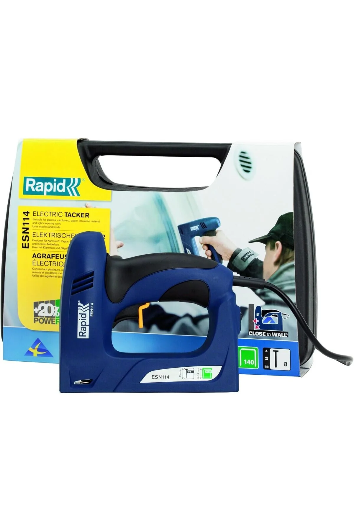 Rapid ESN114 Electric Staple Gun & Brad Nailer for DIY, Thin Wood, Cartons and Crafts, 140 Staples (6–14 mm), No. 8 Brads (15 mm)