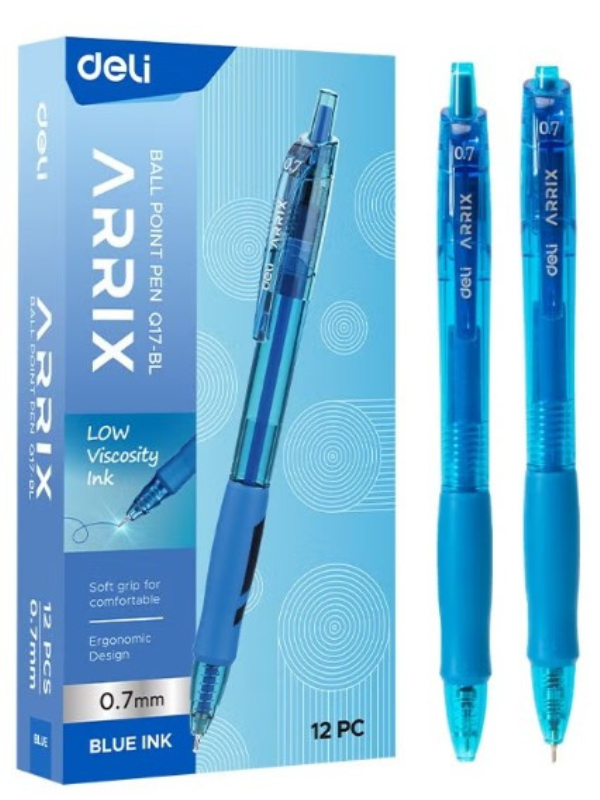 Deli EQ17-BL Retractable Ball Point Pen, 0.7mm Fine Tip, Blue Ink, Soft Grip, Refillable, 12 Piece