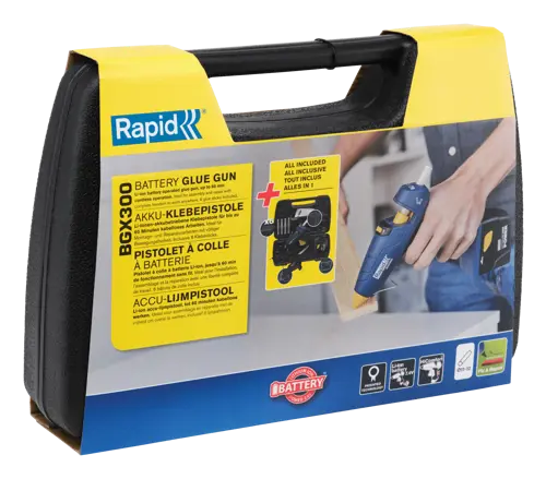 Rapid BGX300 Cordless Hot Glue Gun, 7.4V Lithium-Ion Battery, Fast Heating, 12mm Glue Sticks, 100 g/h Glue Output, Blue