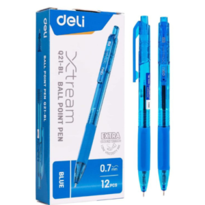Deli Q21-BL Retractable Ballpoint Pens, 0.7mm Mini Tip, Blue Ink, Soft Grip, Pack of 12
