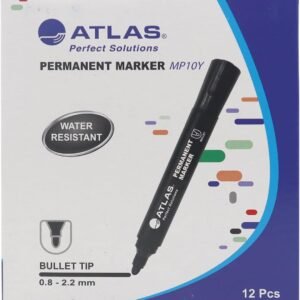 Atlas Permanent Marker, Black Ink, Bullet Tip 0.8–2.2 mm, Quick-Drying & Water-Resistant, Pack of 12 – MP10Y
