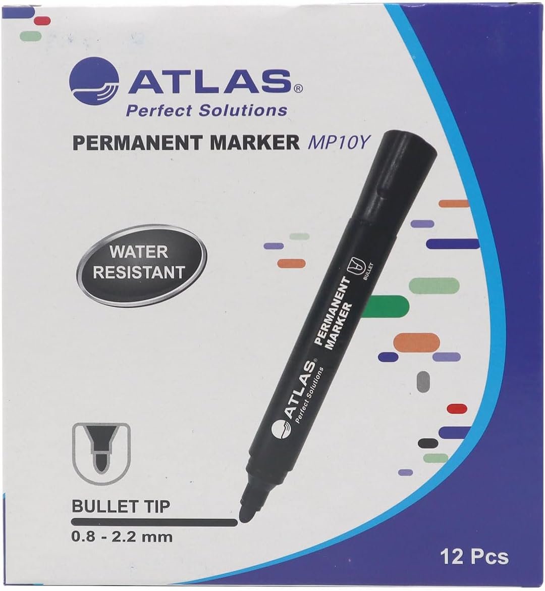 Atlas Permanent Marker, Black Ink, Bullet Tip 0.8–2.2 mm, Quick-Drying & Water-Resistant, Pack of 12 – MP10Y
