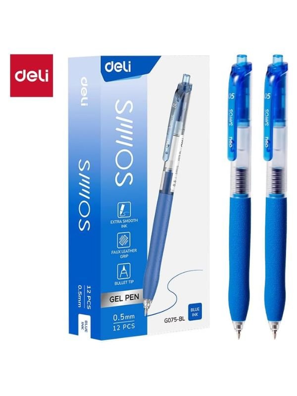 Deli EG075-BL Gel Pens, 0.5mm Fine Tip, Blue Ink, Quick-Dry & Smudge-Resistant, Pack of 12