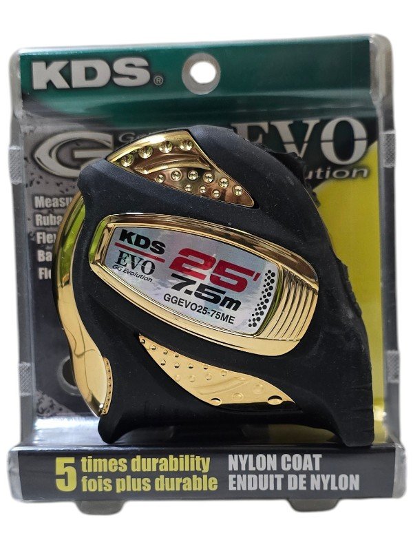 KDS GG Evolution Measuring Tape 7.5m / 25ft – Nylon-Coated Blade, GoodGrip Design (GGEVO25-75ME)