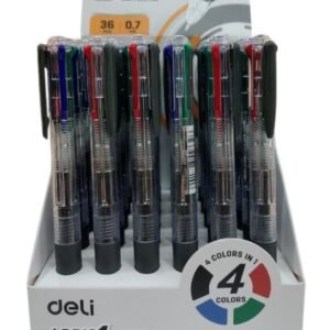 Deli EQ182 Retractable Ballpoint Pens, 0.7mm Bullet Tip, 4 Assorted Colors, Smooth Writing, Pack of 36