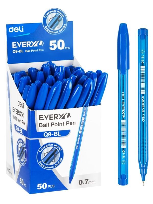 Deli Q9 Ballpoint Pens, 0.7mm Mini Tip, Blue Ink, Smooth Writing, Pack of 50