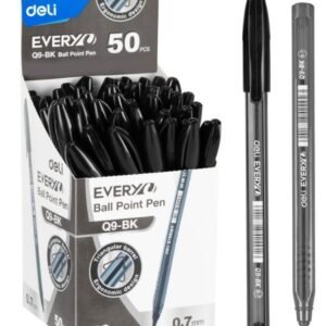 Deli Q9-BK Ballpoint Pens, 0.7mm Mini Tip, Black Ink, Extra Smooth Writing, Pack of 50
