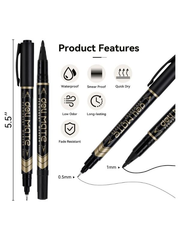 Deli U104 Twin Tip Permanent Markers, Fine & Ultra-Fine Tips, Black Waterproof Ink, Quick-Dry, Pack of 12 - Image 3