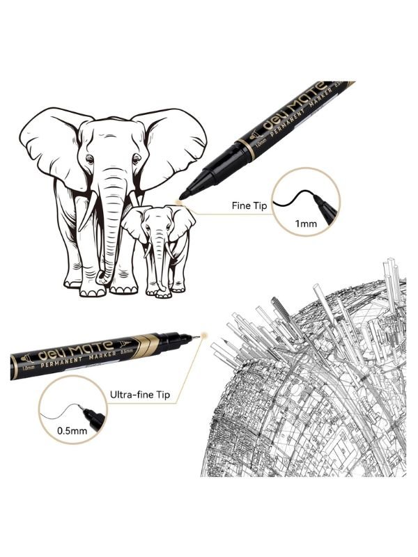 Deli U104 Twin Tip Permanent Markers, Fine & Ultra-Fine Tips, Black Waterproof Ink, Quick-Dry, Pack of 12 - Image 5