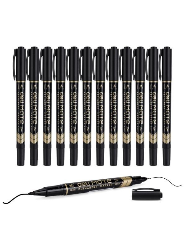 Deli U104 Twin Tip Permanent Markers, Fine & Ultra-Fine Tips, Black Waterproof Ink, Quick-Dry, Pack of 12 - Image 6